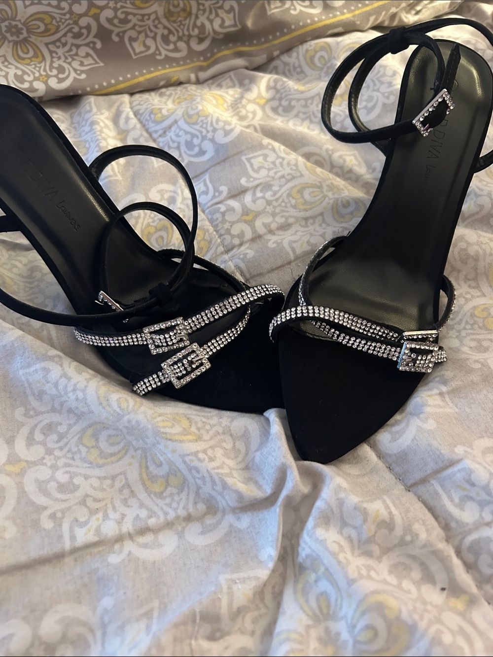Wild Diva Black Rhinestone Strappy Pointed Heels